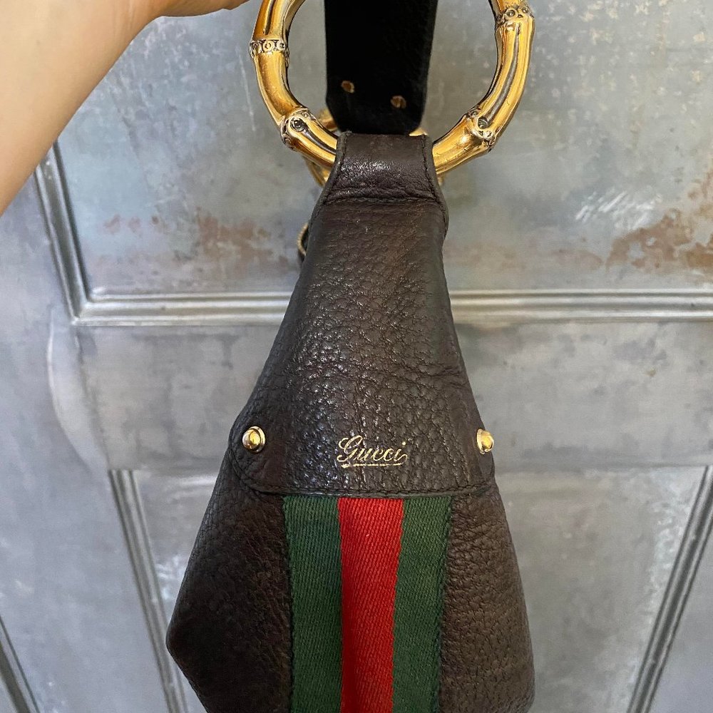 Authentic Gucci Brown/Stripe Hobo Bag Gold Bamboo